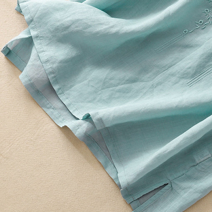 Chemise décontractée en coton et lin à manches mi-longues et col en V pour femme avec broderie de fleurs Buddha Stones