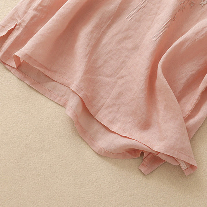 Chemise décontractée en coton et lin à manches mi-longues et col en V pour femme avec broderie de fleurs Buddha Stones
