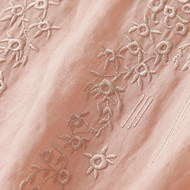 Chemise décontractée en coton et lin à manches mi-longues et col en V pour femme avec broderie de fleurs Buddha Stones