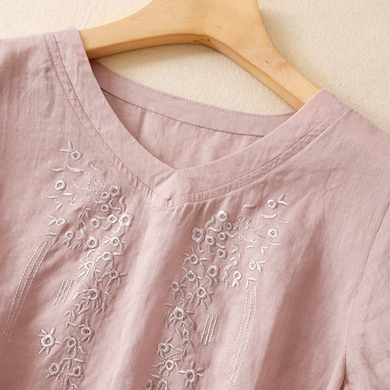Chemise décontractée en coton et lin à manches mi-longues et col en V pour femme avec broderie de fleurs Buddha Stones