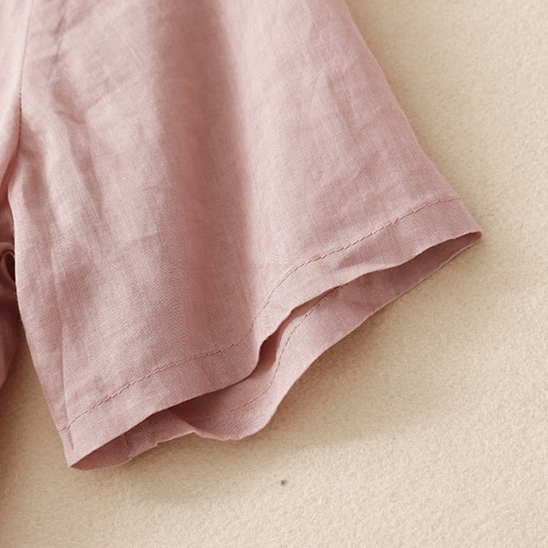Chemise décontractée en coton et lin à manches mi-longues et col en V pour femme avec broderie de fleurs Buddha Stones
