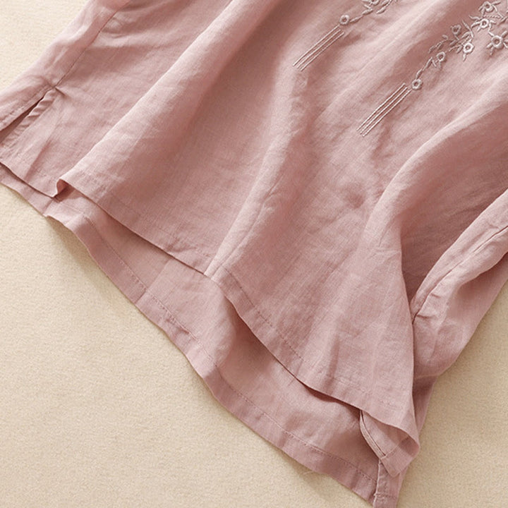 Chemise décontractée en coton et lin à manches mi-longues et col en V pour femme avec broderie de fleurs Buddha Stones
