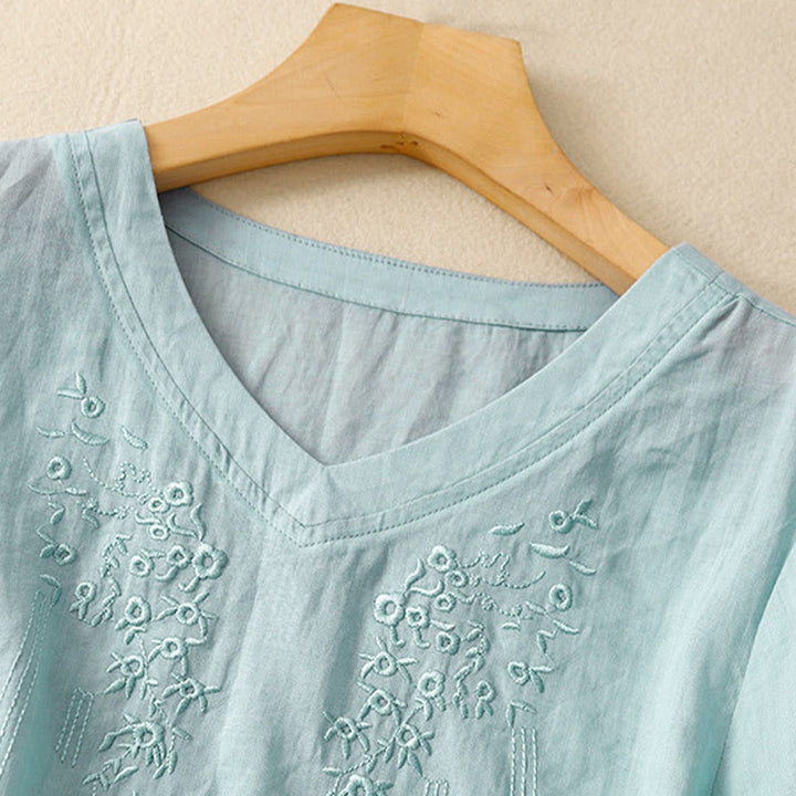 Chemise décontractée en coton et lin à manches mi-longues et col en V pour femme avec broderie de fleurs Buddha Stones