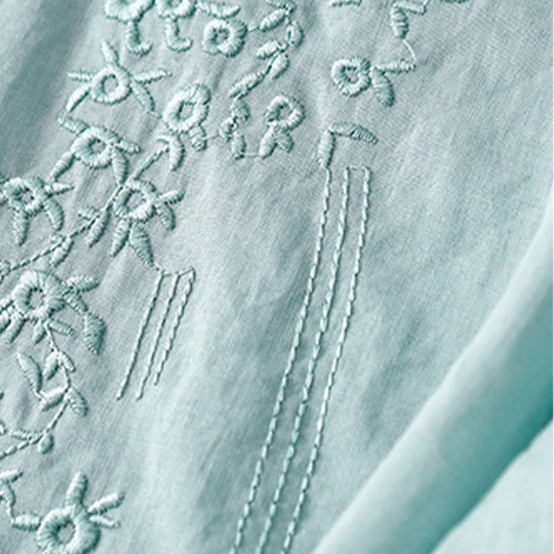 Chemise décontractée en coton et lin à manches mi-longues et col en V pour femme avec broderie de fleurs Buddha Stones