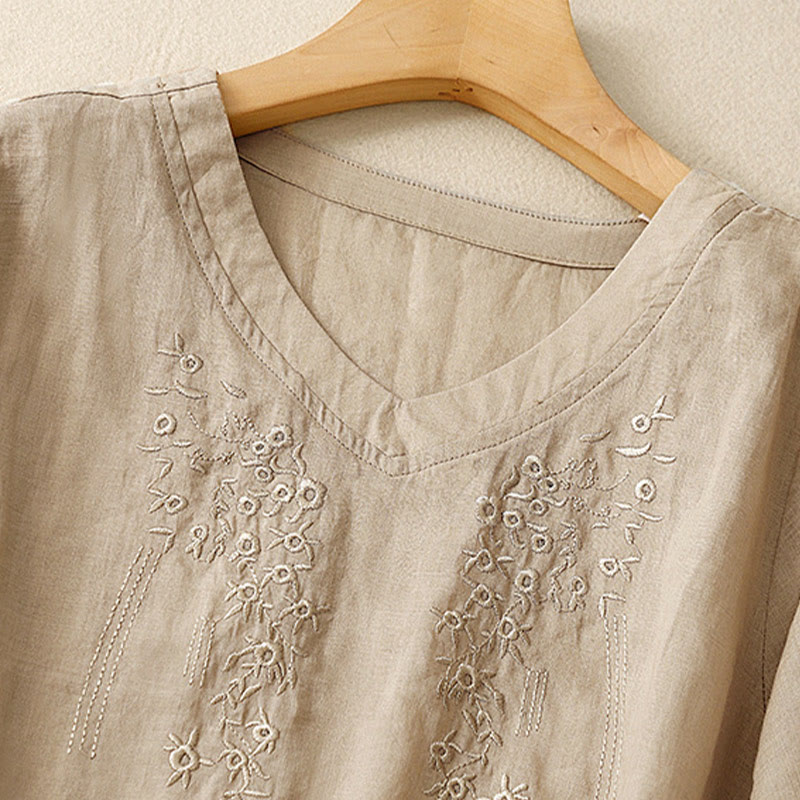 Chemise décontractée en coton et lin à manches mi-longues et col en V pour femme avec broderie de fleurs Buddha Stones