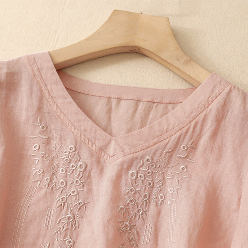 Chemise décontractée en coton et lin à manches mi-longues et col en V pour femme avec broderie de fleurs Buddha Stones