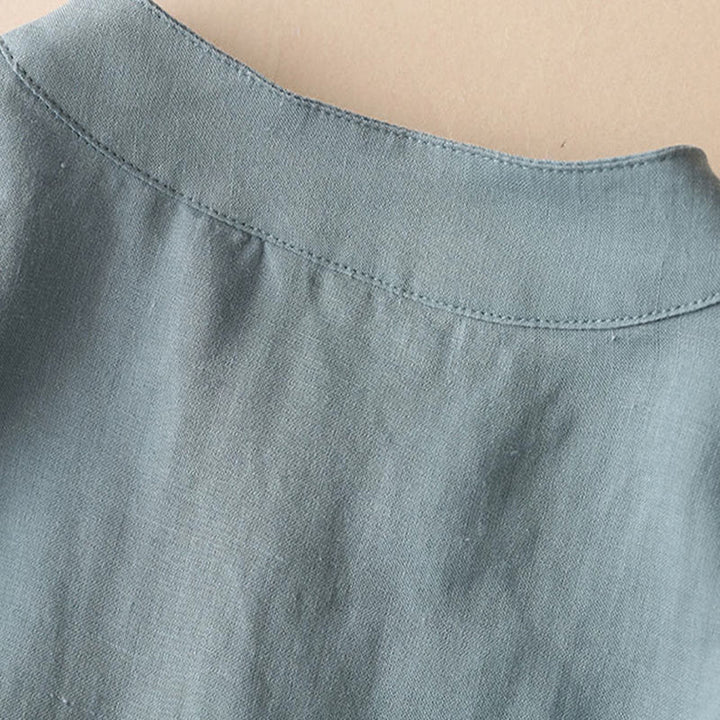 Chemise décontractée en coton et lin à col en V et manches trois-quarts pour femme avec motif Buddha Stones