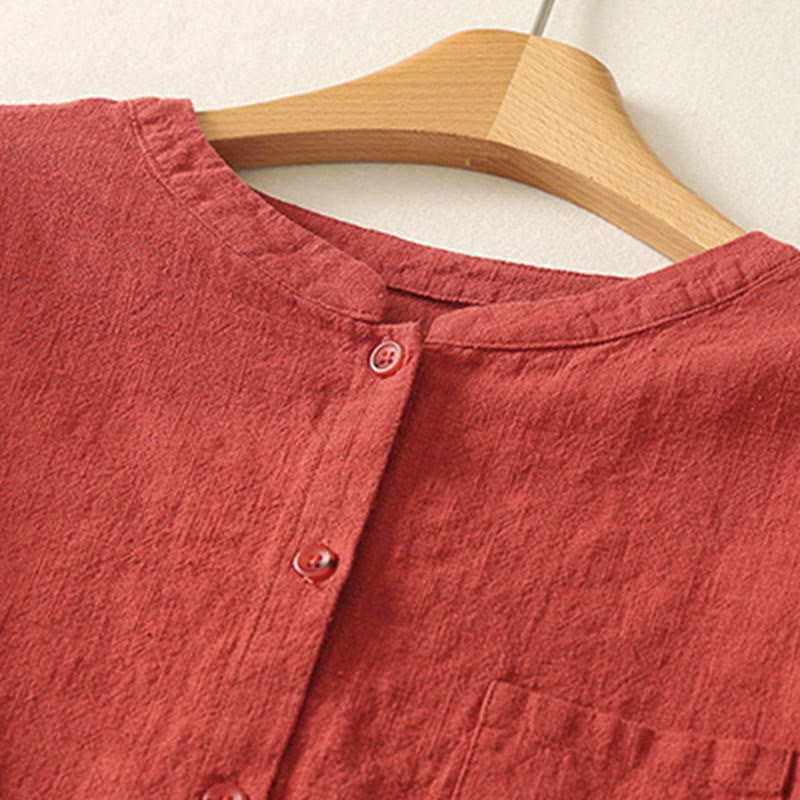 Chemise décontractée en coton et lin à manches longues et col montant pour femme Buddha Stones - image 1