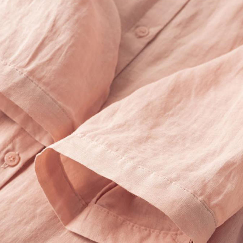 Chemise décontractée en coton et lin à manches mi-longues et col montant avec broderie Buddha Stones pour femmes