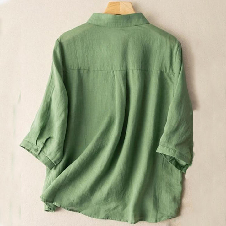 Chemise décontractée en coton et lin à manches mi-longues et col montant avec broderie Buddha Stones pour femmes