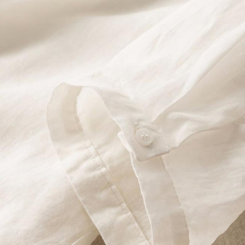 Chemise décontractée en coton et lin à manches mi-longues et col montant avec broderie Buddha Stones pour femmes