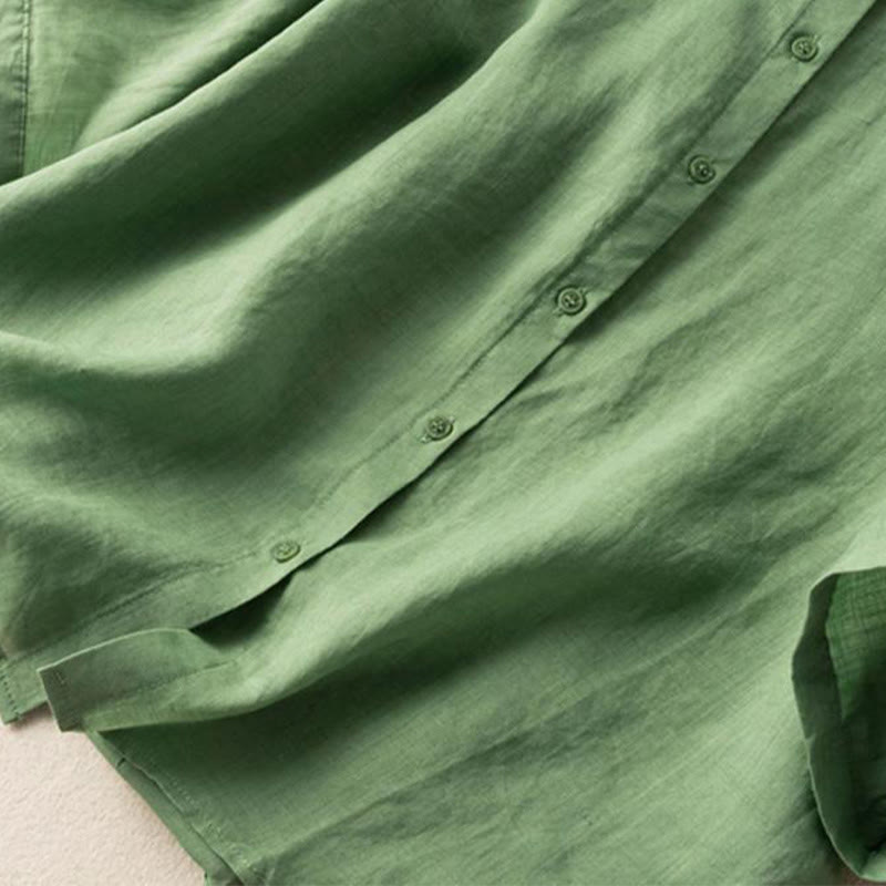 Chemise décontractée en coton et lin à manches mi-longues et col montant avec broderie Buddha Stones pour femmes