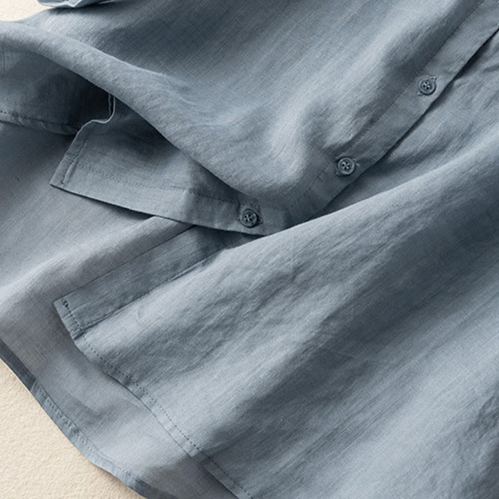 Chemise décontractée en coton et lin à manches mi-longues et col montant avec broderie Buddha Stones pour femmes