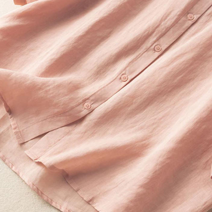 Chemise décontractée en coton et lin à manches mi-longues et col montant avec broderie Buddha Stones pour femmes