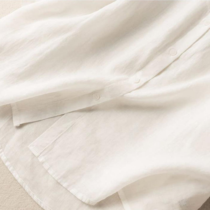 Chemise décontractée en coton et lin à manches mi-longues et col montant avec broderie Buddha Stones pour femmes