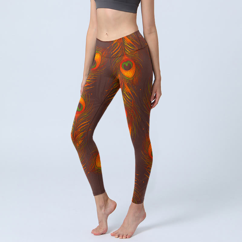 Pantalon de yoga pour femme avec imprimé plumes de paon marron Buddha Stones - SaddleBrown - US18，UK/AU22，EU50 (4XL) - image 1