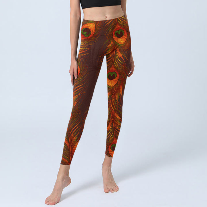 Pantalon de yoga pour femme avec imprimé plumes de paon marron Buddha Stones - image 6