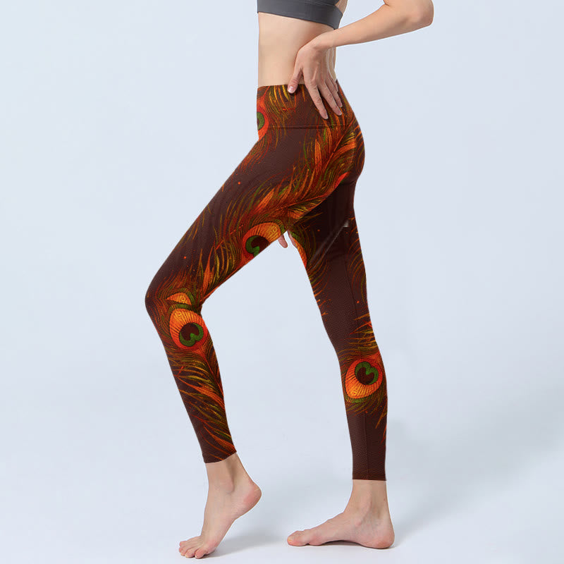 Pantalon de yoga pour femme avec imprimé plumes de paon marron Buddha Stones - image 3