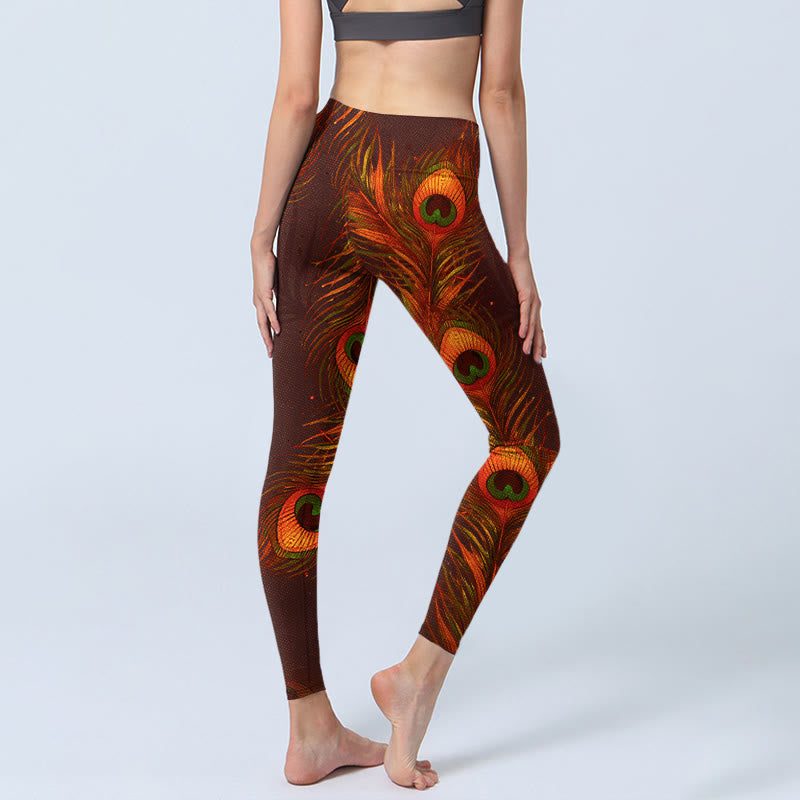 Pantalon de yoga pour femme avec imprimé plumes de paon marron Buddha Stones - image 4