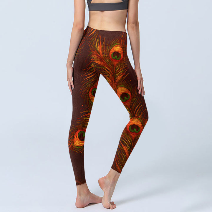 Pantalon de yoga pour femme avec imprimé plumes de paon marron Buddha Stones - image 4