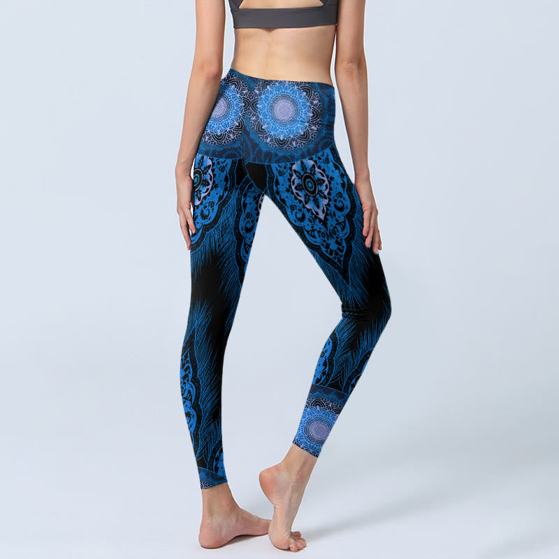Leggings de sport à imprimé plumes de mandala bleu Buddha Stones Pantalon de yoga pour femme - image 3