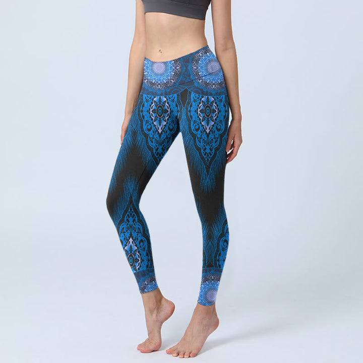 Leggings de sport à imprimé plumes de mandala bleu Buddha Stones Pantalon de yoga pour femme - Bleu moyen - US18，UK/AU22，EU50 (4XL) - image 0