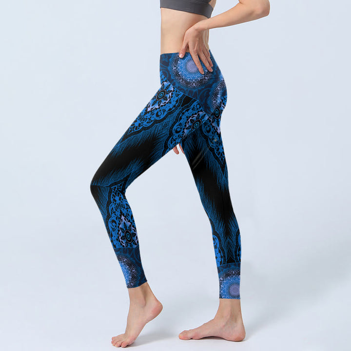 Leggings de sport à imprimé plumes de mandala bleu Buddha Stones Pantalon de yoga pour femme - image 3
