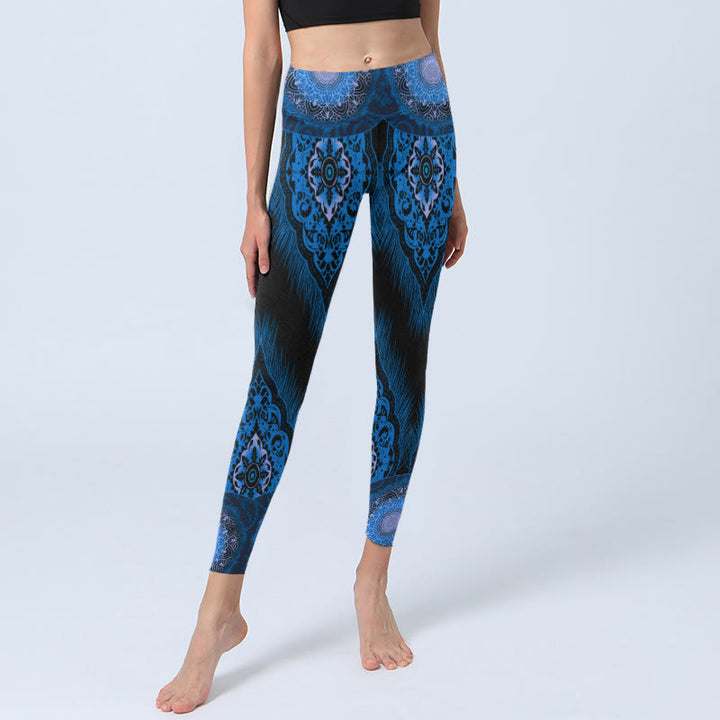 Leggings de sport à imprimé plumes de mandala bleu Buddha Stones Pantalon de yoga pour femme - image 5