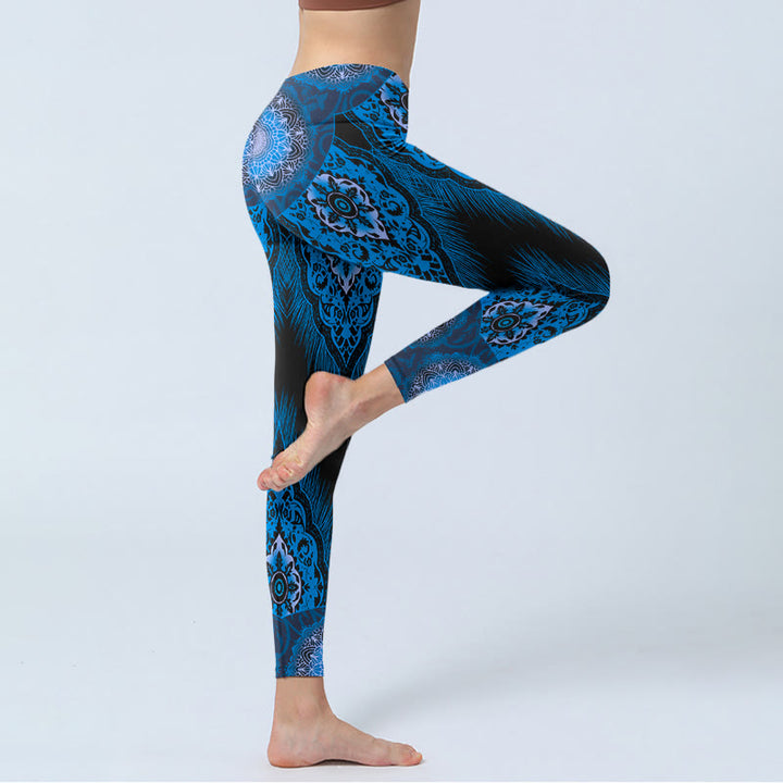 Leggings de sport à imprimé plumes de mandala bleu Buddha Stones Pantalon de yoga pour femme - image 4