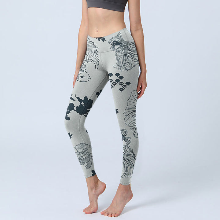 Leggings de sport à imprimé vagues florales et poissons Koi gris Buddha Stones Pantalon de yoga pour femme - Argent - US18，UK/AU22，EU50 (4XL) - image 1