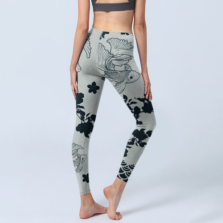 Leggings de sport à imprimé vagues florales et poissons Koi gris Buddha Stones Pantalon de yoga pour femme - image 5