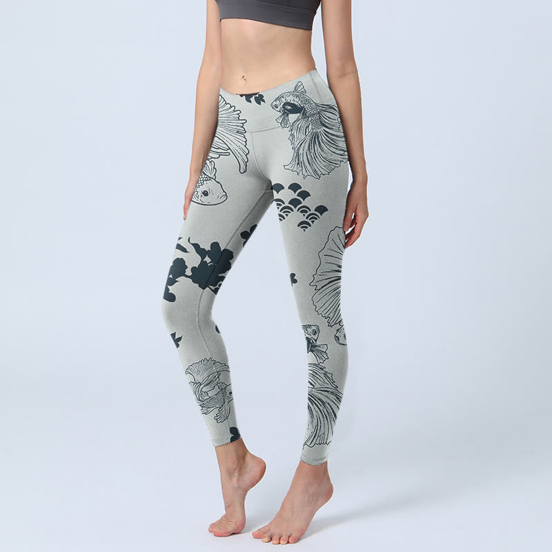 Leggings de sport à imprimé vagues florales et poissons Koi gris Buddha Stones Pantalon de yoga pour femme - Argent - US18，UK/AU22，EU50 (4XL) - image 0