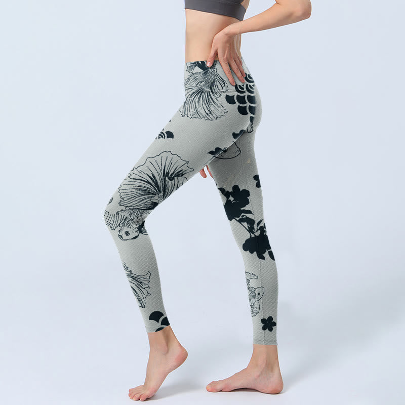 Leggings de sport à imprimé vagues florales et poissons Koi gris Buddha Stones Pantalon de yoga pour femme - image 3