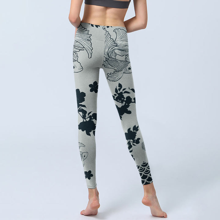 Leggings de sport à imprimé vagues florales et poissons Koi gris Buddha Stones Pantalon de yoga pour femme - image 6