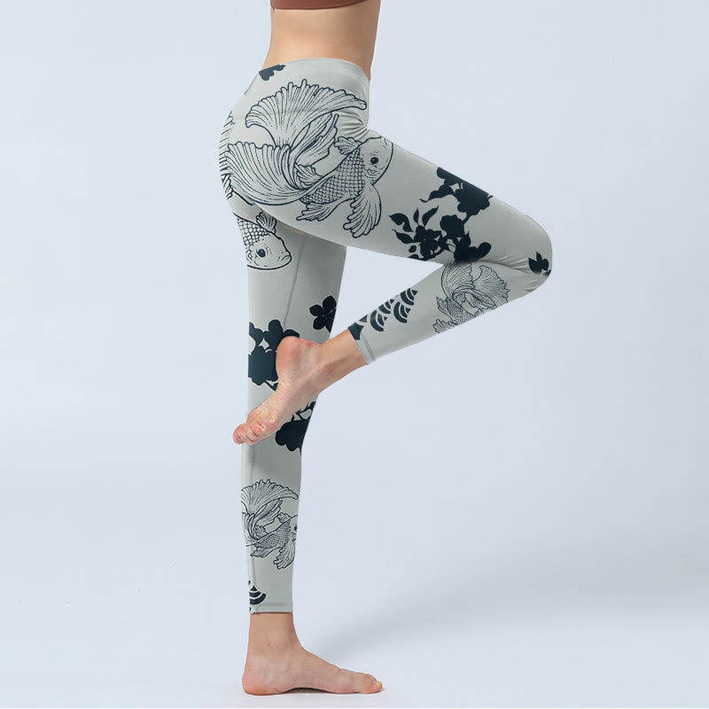 Leggings de sport à imprimé vagues florales et poissons Koi gris Buddha Stones Pantalon de yoga pour femme - image 3