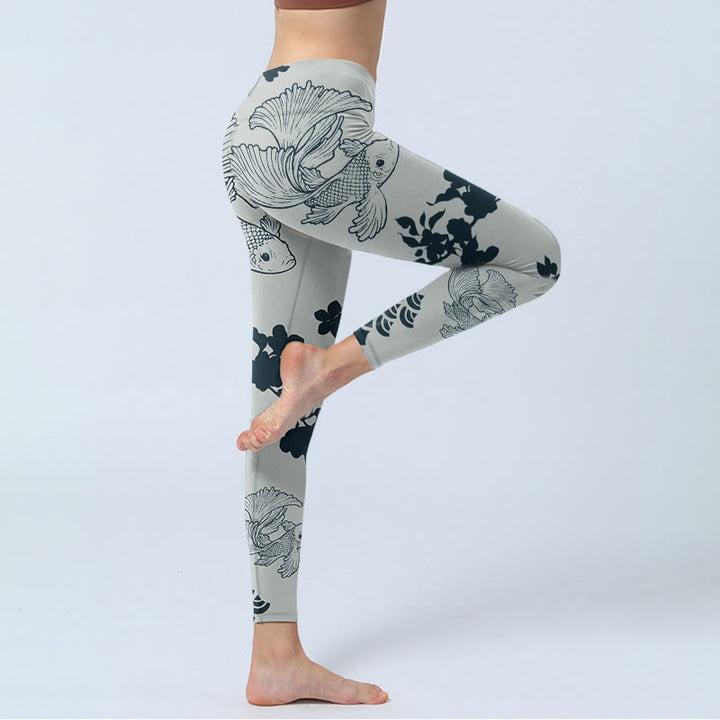 Leggings de sport à imprimé vagues florales et poissons Koi gris Buddha Stones Pantalon de yoga pour femme - image 3