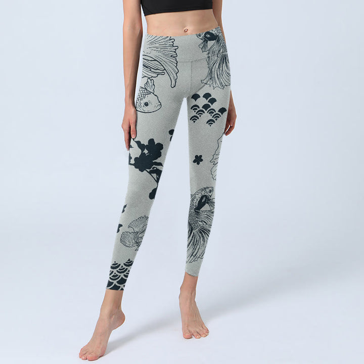 Leggings de sport à imprimé vagues florales et poissons Koi gris Buddha Stones Pantalon de yoga pour femme - image 5