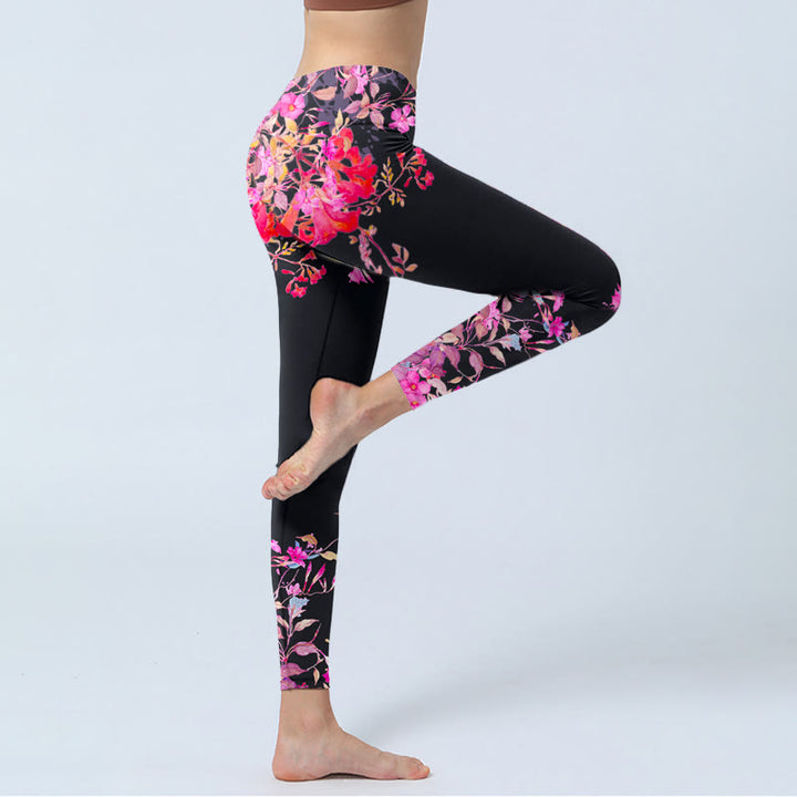 Leggings de sport à imprimé floral et feuilles Buddha Stones noir et rose pour femme - image 4
