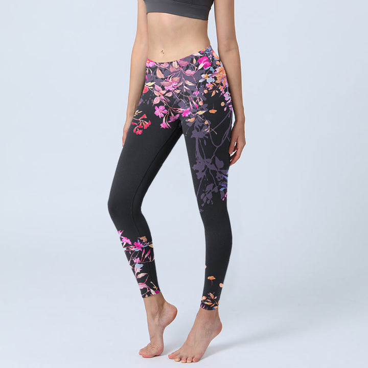 Leggings de sport à imprimé floral et feuilles Buddha Stones noir et rose pour femme - Noir - US18，UK/AU22，EU50 (4XL) - image 0