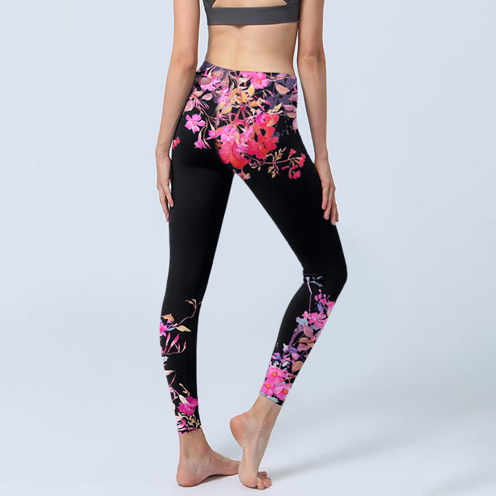 Leggings de sport à imprimé floral et feuilles Buddha Stones noir et rose pour femme - image 4