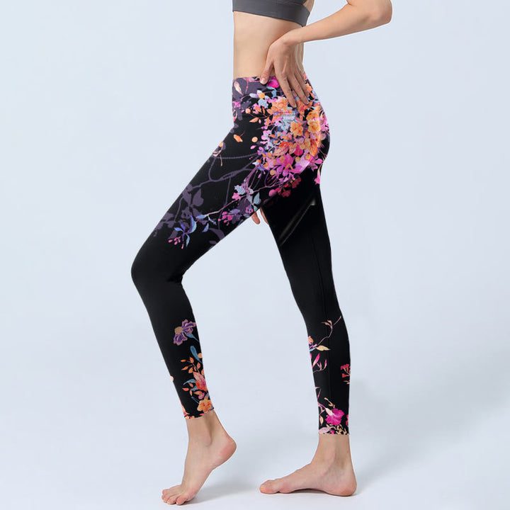 Leggings de sport à imprimé floral et feuilles Buddha Stones noir et rose pour femme - image 3