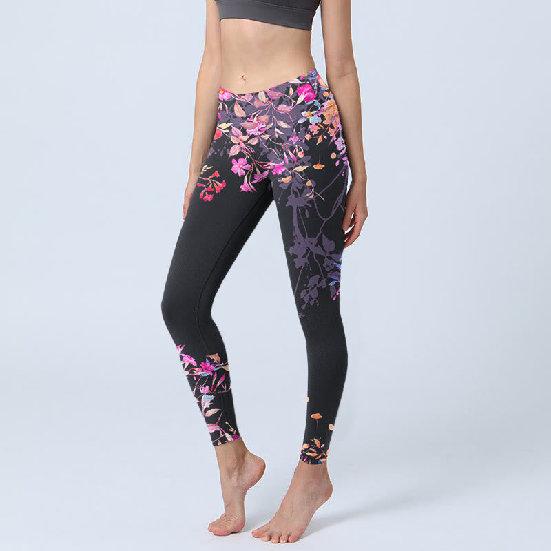 Leggings de sport à imprimé floral et feuilles Buddha Stones noir et rose pour femme - Noir - US18，UK/AU22，EU50 (4XL) - image 1