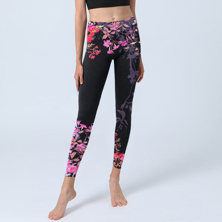 Leggings de sport à imprimé floral et feuilles Buddha Stones noir et rose pour femme - image 5