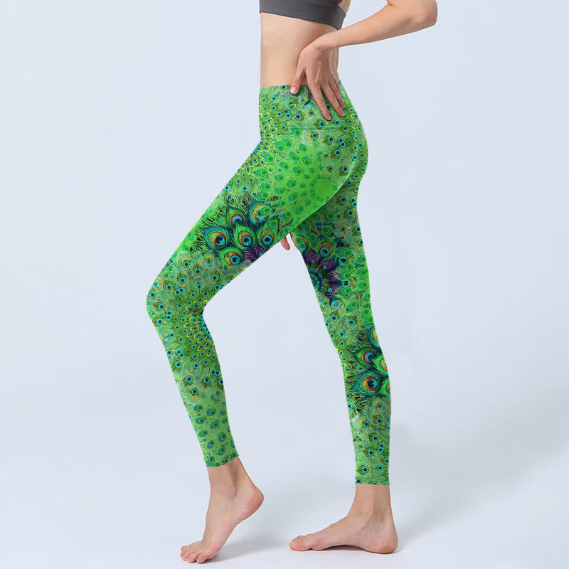 Leggings de sport à imprimé plumes de paon vertes Buddha Stones Pantalon de yoga pour femme - image 3