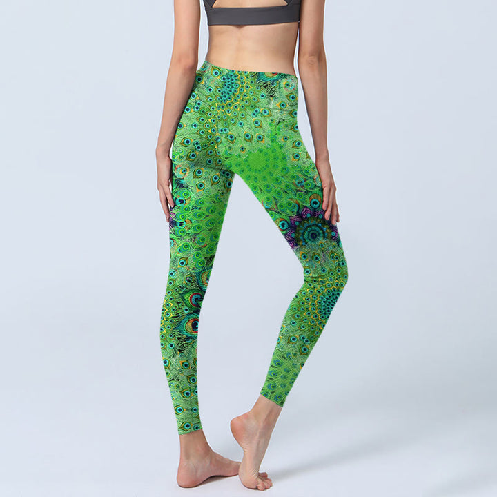 Leggings de sport à imprimé plumes de paon vertes Buddha Stones Pantalon de yoga pour femme - image 4