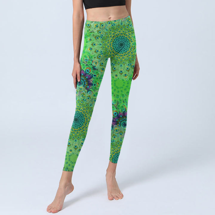 Leggings de sport à imprimé plumes de paon vertes Buddha Stones Pantalon de yoga pour femme - image 5