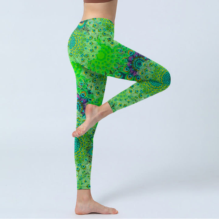 Leggings de sport à imprimé plumes de paon vertes Buddha Stones Pantalon de yoga pour femme - image 5