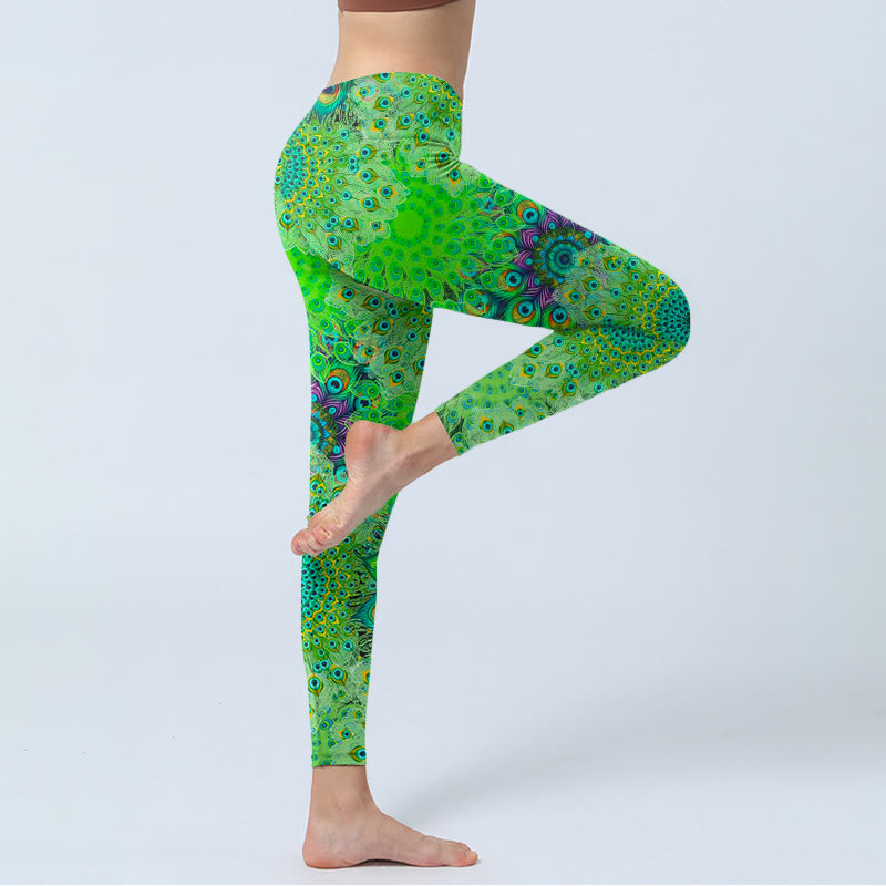 Leggings de sport à imprimé plumes de paon vertes Buddha Stones Pantalon de yoga pour femme - image 4