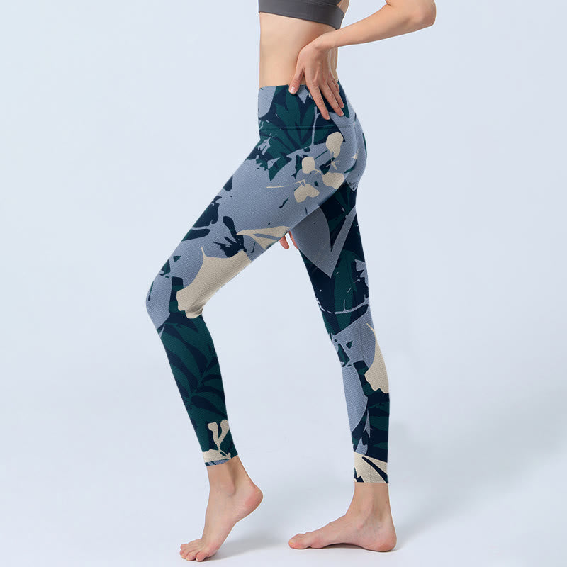 Leggings de sport à imprimé feuilles de plantes bleues Buddha Stones Pantalon de yoga pour femme - image 3