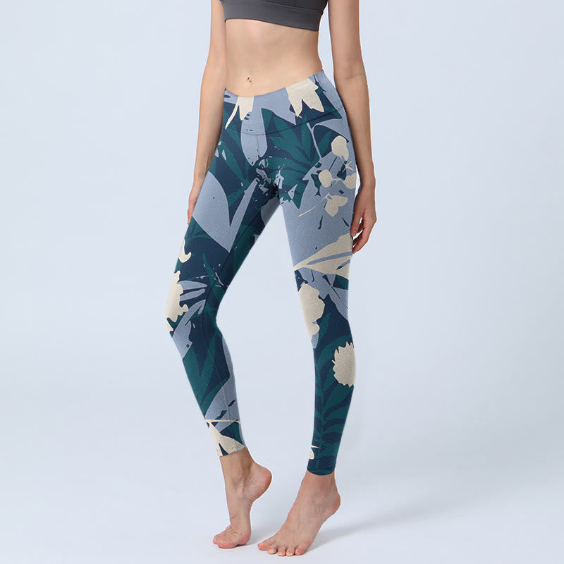 Leggings de sport à imprimé feuilles de plantes bleues Buddha Stones Pantalon de yoga pour femme - Bleu acier clair - US18，UK/AU22，EU50 (4XL) - image 0
